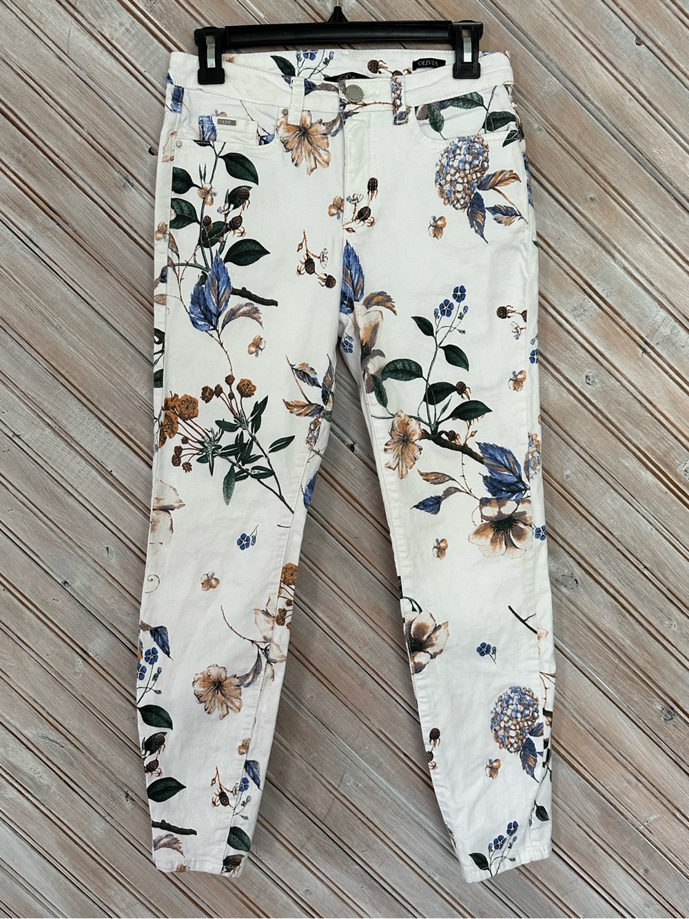 Bellina Olivia Ankle Cut Floral Whimsy Spring Flowers White Denim Jeans